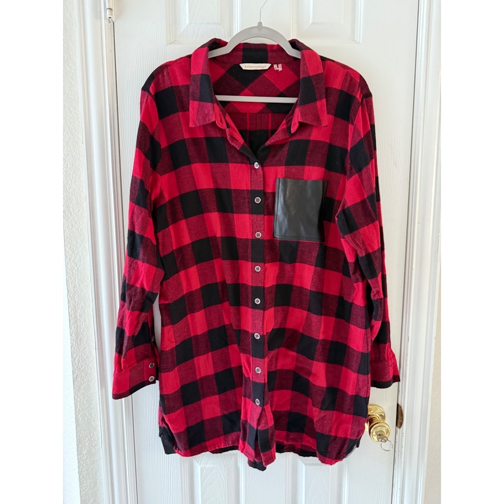 Soft Surroundings Red Black Buffalo Plaid Faux Leather Pocket Tunic Shirt 1X